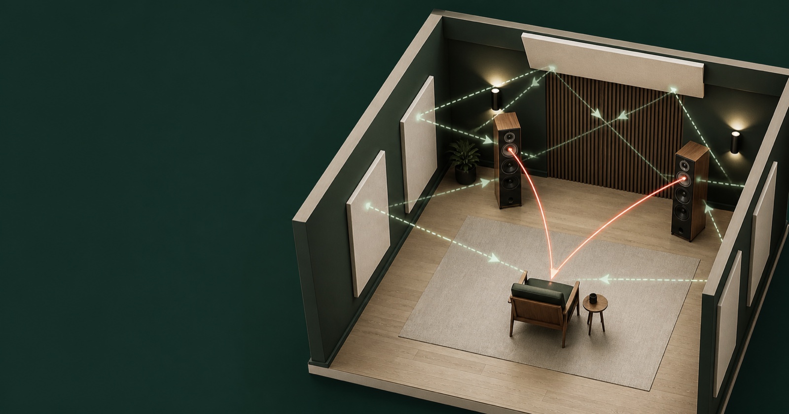 Sala de escucha tratada con paneles acústicos y rutas de sonido directo y reflejado.